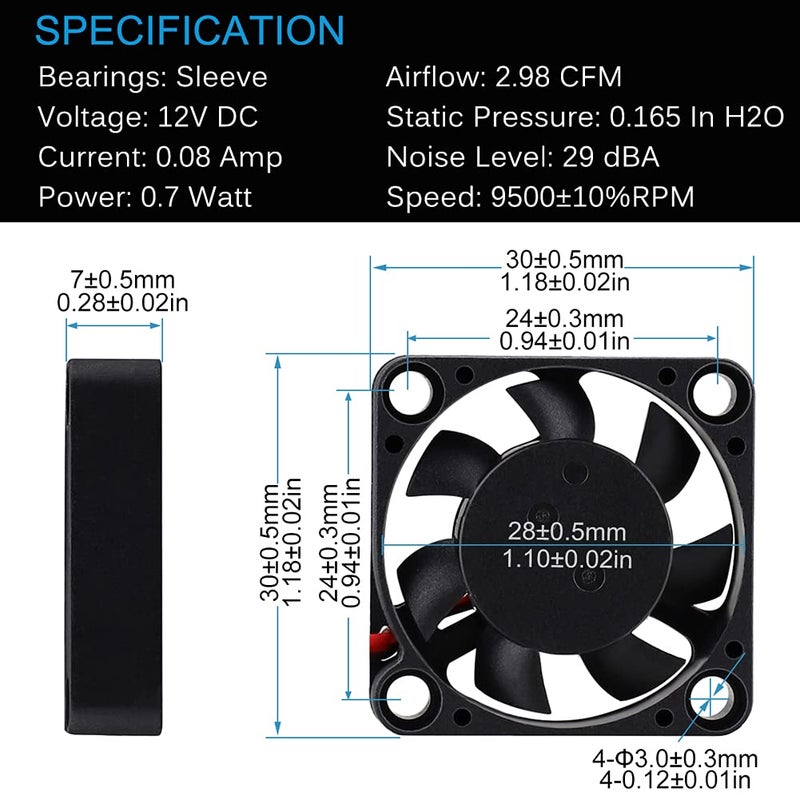 GDSTIME 30mm x 30mm x 7mm PH 2.0 12v Dc Brushless Cooling Fan - Image 2